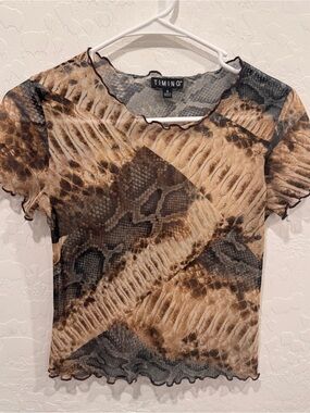 Y2K TIMING Sheer Snake Print Mesh Shirt Womens Small Baby Tee Cropped Vintage